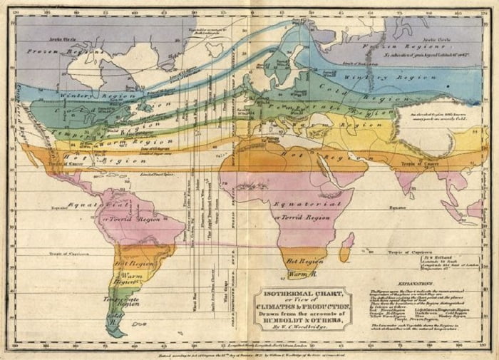 Like this example from 1823, isothermal maps based on Humboldt’s work turned abstract data into striking visual images.