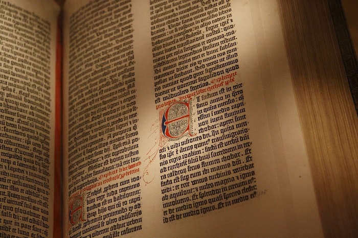 A page from the Gutenberg Bible. Gutenberg made 180 copies of the Bible. The books were a sensation when they first exhibited at the trade fair in Frankfurt in 1454.