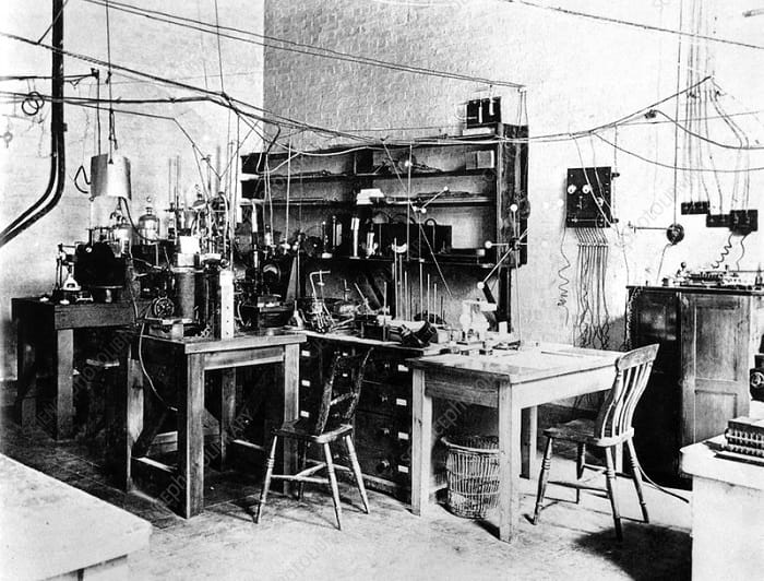 Rutherford's laboratory in Cambridge in the early 20th century.