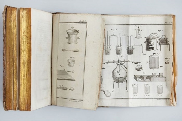 "Planche XIII. Des fourneaux" written by Madam Lavoisier for the Traite elementaire de chimie (Elementary Treatise on Chemistry), shows various furnace and distillation apparatus.