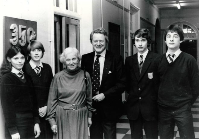 Dorothy Hodgkin at the Sir John Leman High School award ceremony, 1981