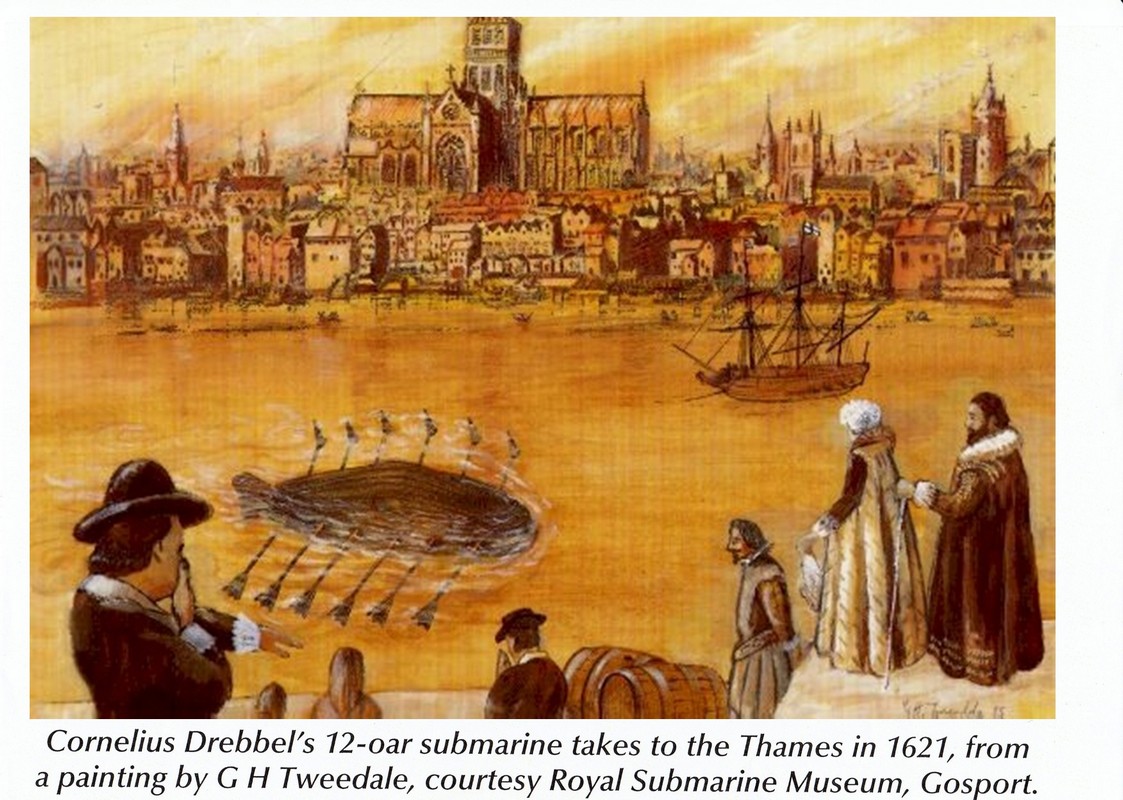 Cornelius Drebbel's 12-oar submarine in the Thames River