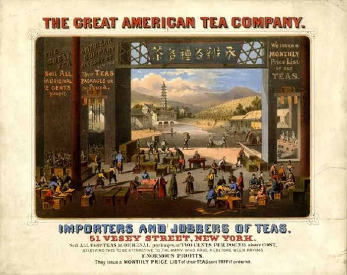 A poster from "The Great American Tea Company" from the early 18th century demonstrates that tea had already become a popular drink in the United States.