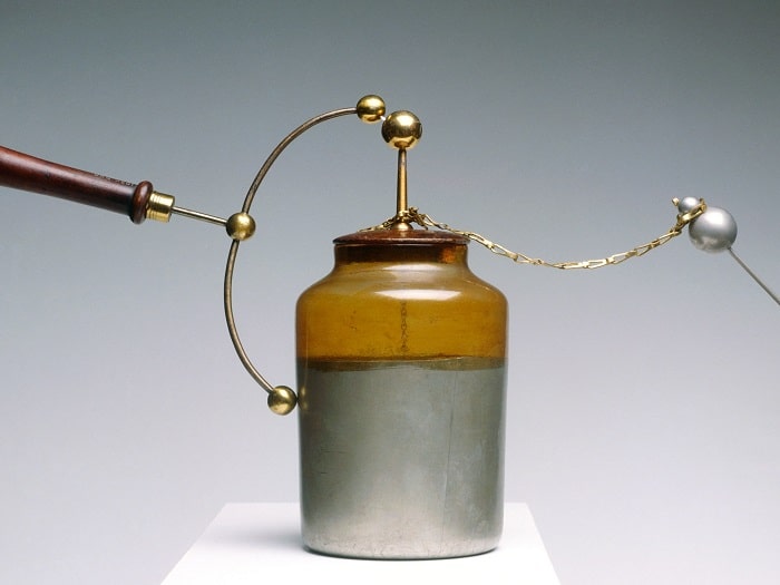 Leyden Jar was the first device capable of storing an electric charge, the first battery or capacitor.