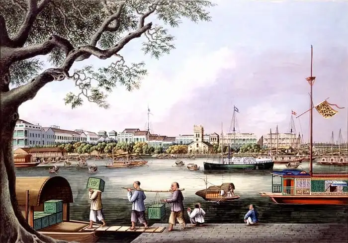 The shipping of tea at the port of Guangzhou, formerly Canton.