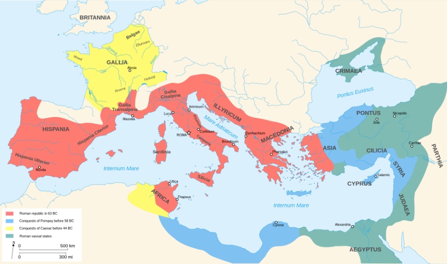 The map of the Roman Republic in the mid-1st century BC during the time of Julius Caesar.