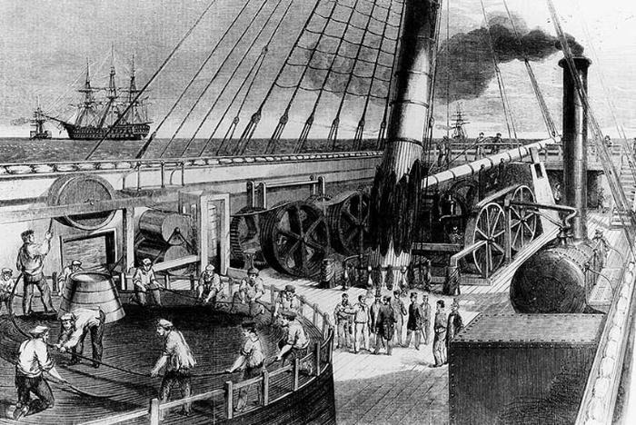 Installing the Atlantic Telegraph Cable from the USS Niagara, 15 August 1857. 