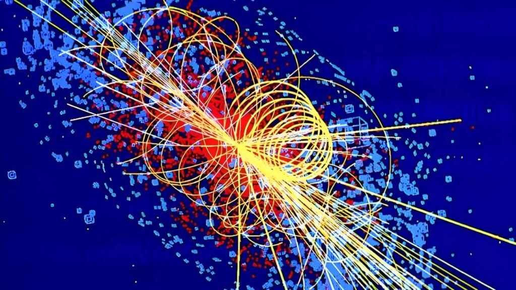 Simulation of a particle collision that results in the production of the Higgs boson. (Image: CMS/Lucas Taylor)