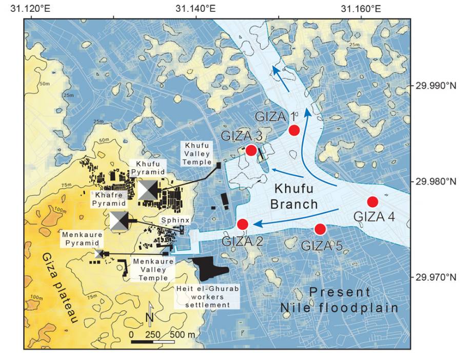 Location of the pyramids and the Cheops Arm. Drill sample markers are red; artifacts from ancient Egyptian port buildings were discovered at Giza 3.