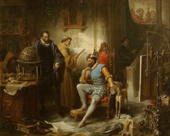 Tycho Brahe showcases his Tychonic System to Emperor Rudolf II in Prague.