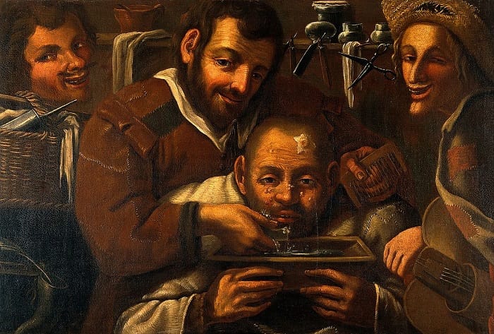 Barber surgeons working on a boil on the forehead of a man.