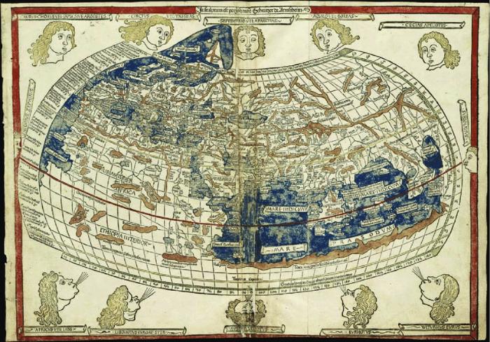 The world map from Ptolemy's "Geographia", published in Ulm in 1482 by Lienhart Holle, engraved by the author Johannes Schnitzer (Credits: BPL).