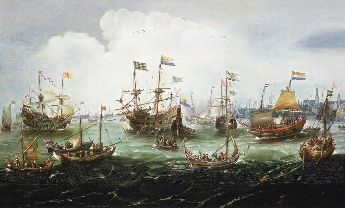 The painting shows the return of the Dutch East India Company fleet to Amsterdam in 1599.