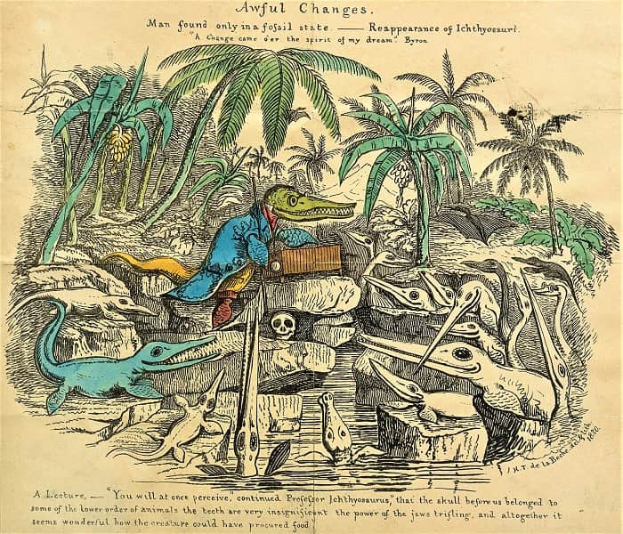 British Geologist and paleontologist Henry De la Beche's 1830 caricature that made fun of the assumptions presented by Lyell's Principles of Geology.