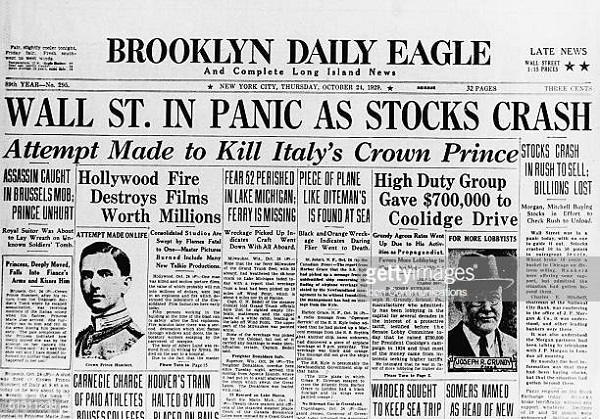 The Brooklyn Daily Eagle newspaper with the headline "Wall St. In Panic As Stocks Crash". This headline can be considered the beginning sign of the Great Depression that lasted from 1929 to 1941.