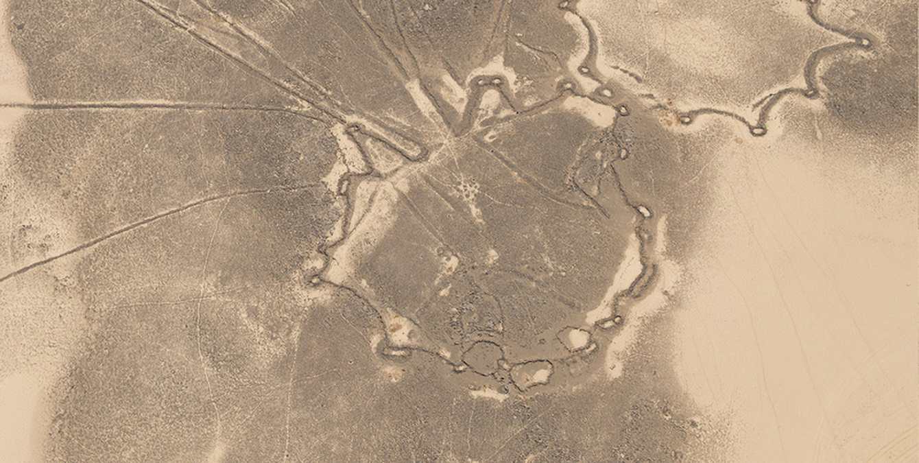 View from above of a Stone Age Desert Kite, showing the funnel-shaped body and the star-shaped head enclosure of "desert kites".