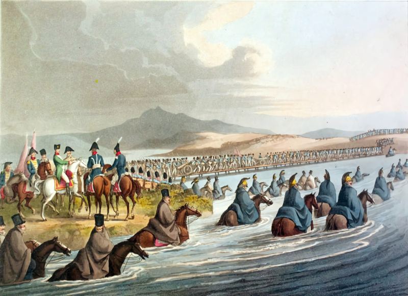 French invasion of Russia, 1812: Napoleon's Russian campaign. The French Army crossing the Niemen River. 