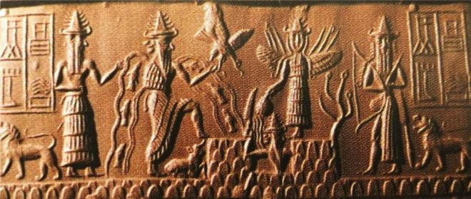 Sacred seal: Different peoples living in Mesopotamia shared the same gods. In an ancient Akkadian tablet, the sun god Shamash appears between the winged goddess Ishtar and the god of wisdom Ea.