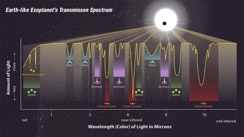 This is what the JWST's analysis of the light spectrum of an exoplanet like Earth with an atmosphere reveals. (Credit: NASA)