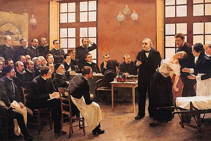 Jean-Martin Charcot demonstrates a fully developed case of hysteria. Charcot believed in the value of clinical observation, and his approach led Freud to suspect neurology theories that exceeded empirical evidence.