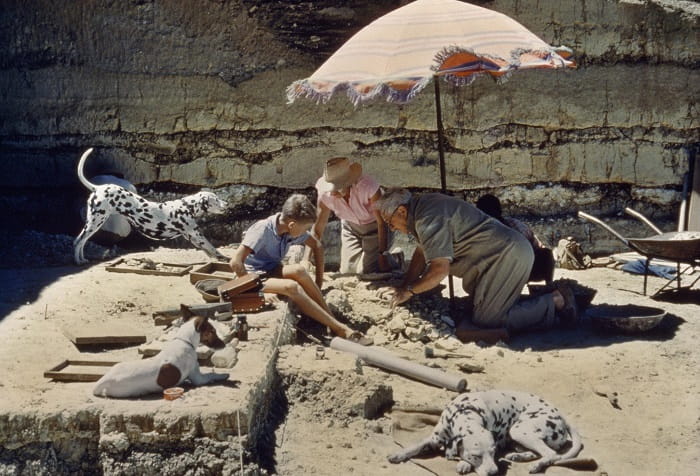 Louis Leakey and Mary Leakey working on an archaeological find.