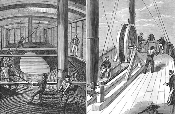 The laying of the transatlantic cables from HMS Agamemnon in 1858. (Credit: Harper's Monthly, 1873)