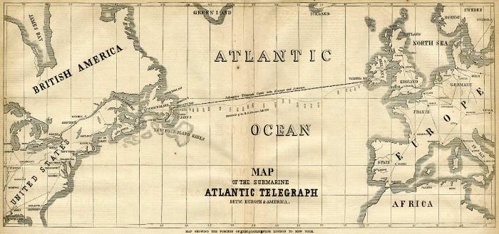 The location of the Atlantic cable from London to New York.