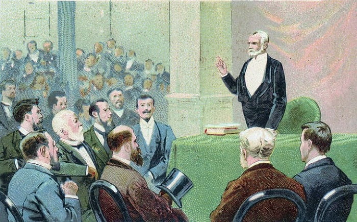 In a drawing of the day, Louis Pasteur and Felix-Archimede Pouchet argued.