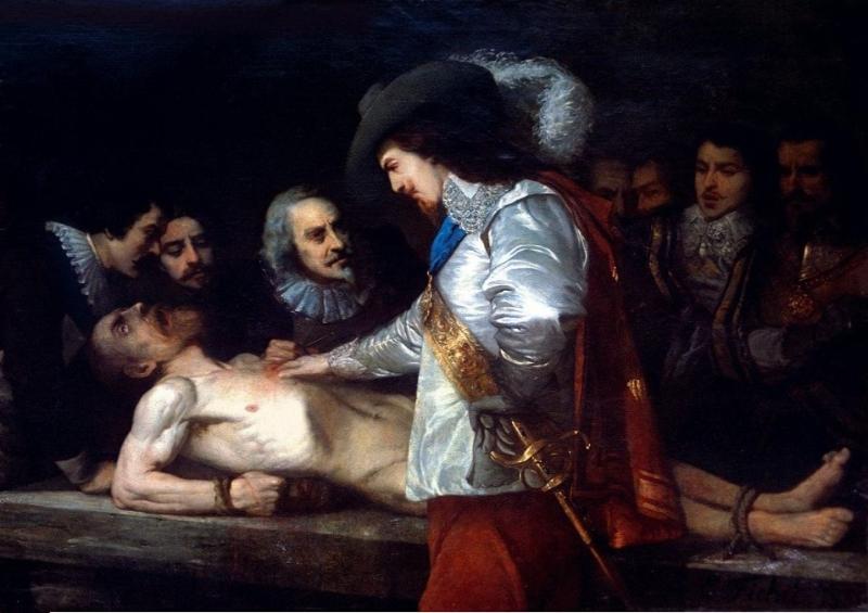 William Harvey performs an experiment to prove his hypothesis of blood circulation to King Charles I of England.