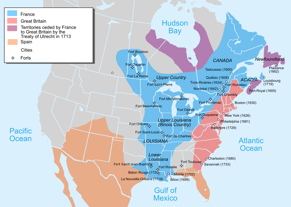 Map of the British and French settlements in North America in 1750, before the French and Indian War (1754 to 1763), which was part of the Seven Years' War.