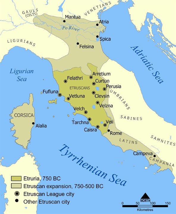 Extent of Etruscan civilisation and the twelve Etruscan League cities.
