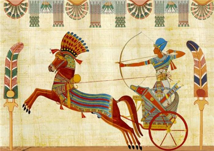 A painting of an ancient Egyptian chariot.