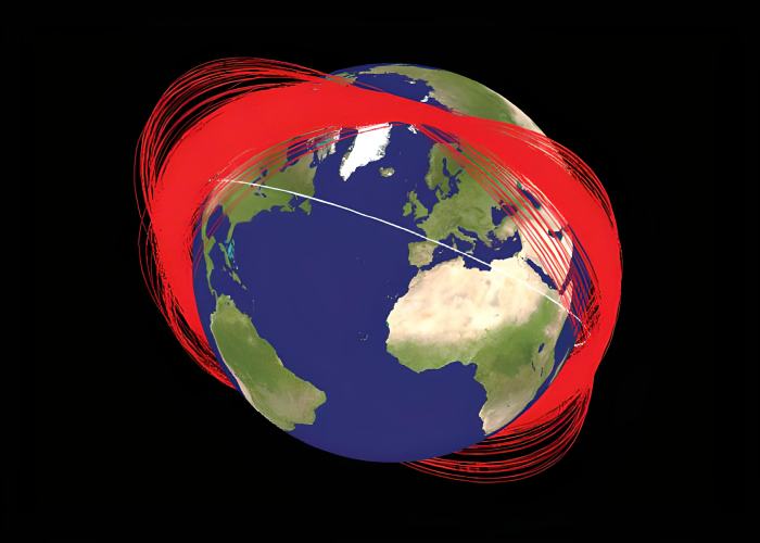 A ring of debris from the Chinese satellite Fengyun-1C a month after it was shot down by a Chinese missile. NASA Orbital Debris Program Office