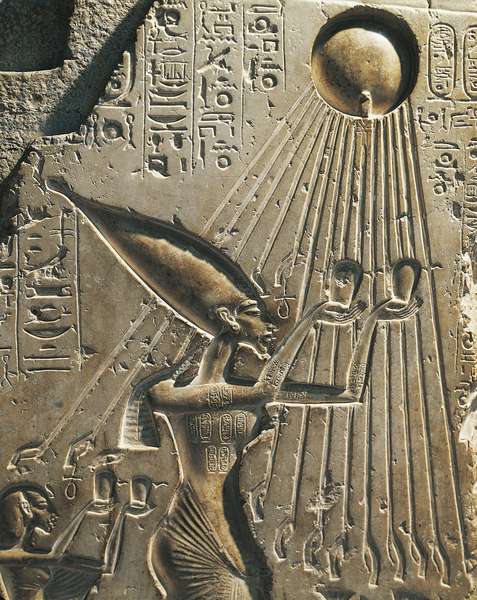 Bas-relief depicting Amenhotep IV (Pharaoh Akhenaten, c. 1360- 1342 BC) while worshiping the solar disc, 18th dynasty.