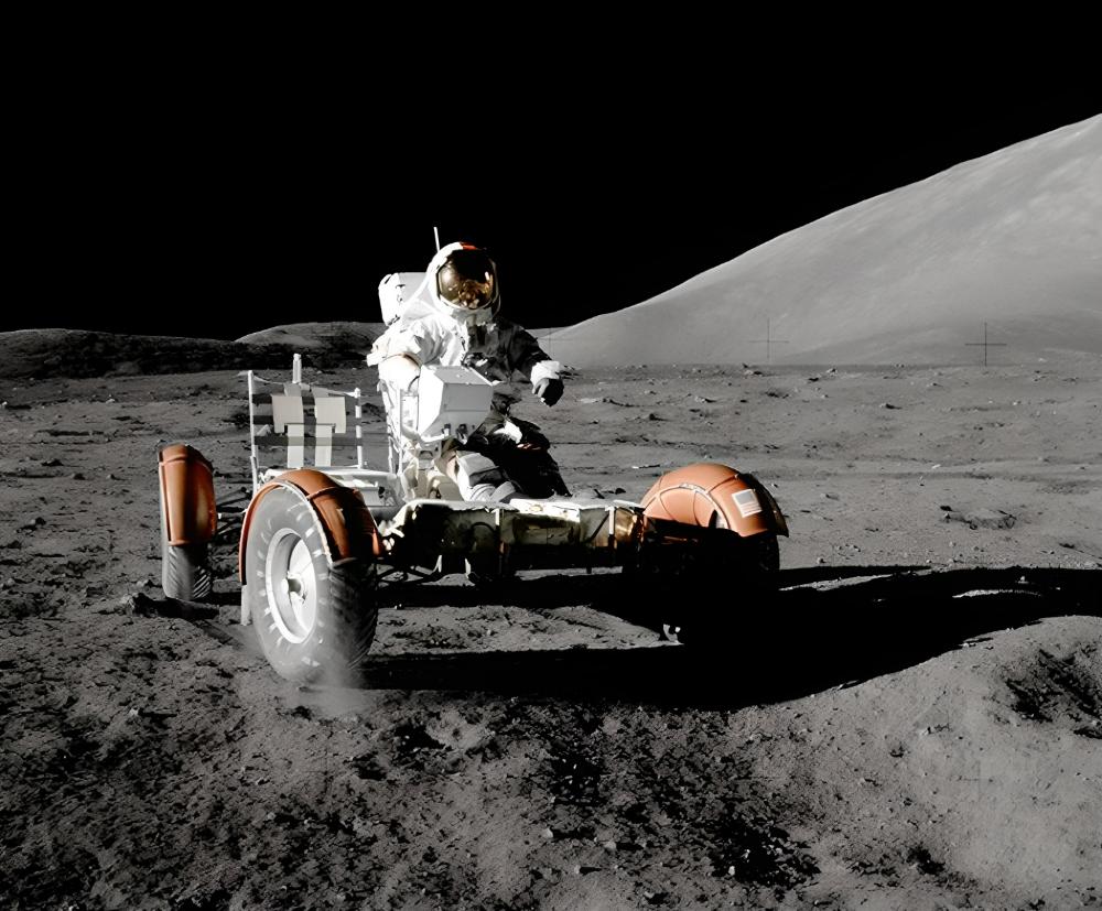 Apollo 17 astronaut Eugene Cernan with lunar rover – he was the last man on the Moon together with Harrison Schmitt in 1972