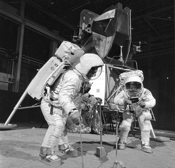 In a reenacted environment Neil Armstrong and Buzz Aldrin practiced the lunar landing