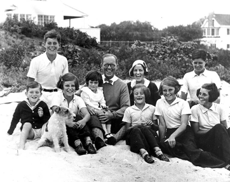 In this 1931 family photo of the Kennedys, Rosemary Kennedy may be seen in the first row, far right.