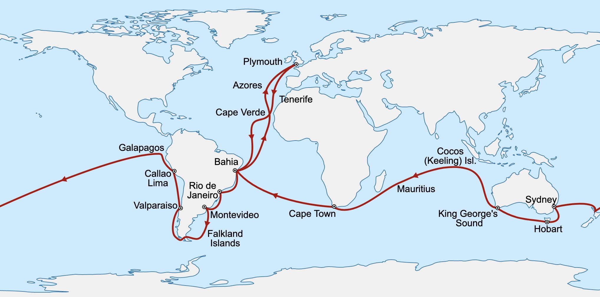 Map of the Voyage of the Beagle, a circumnavigation travel with Charles Darwin.
