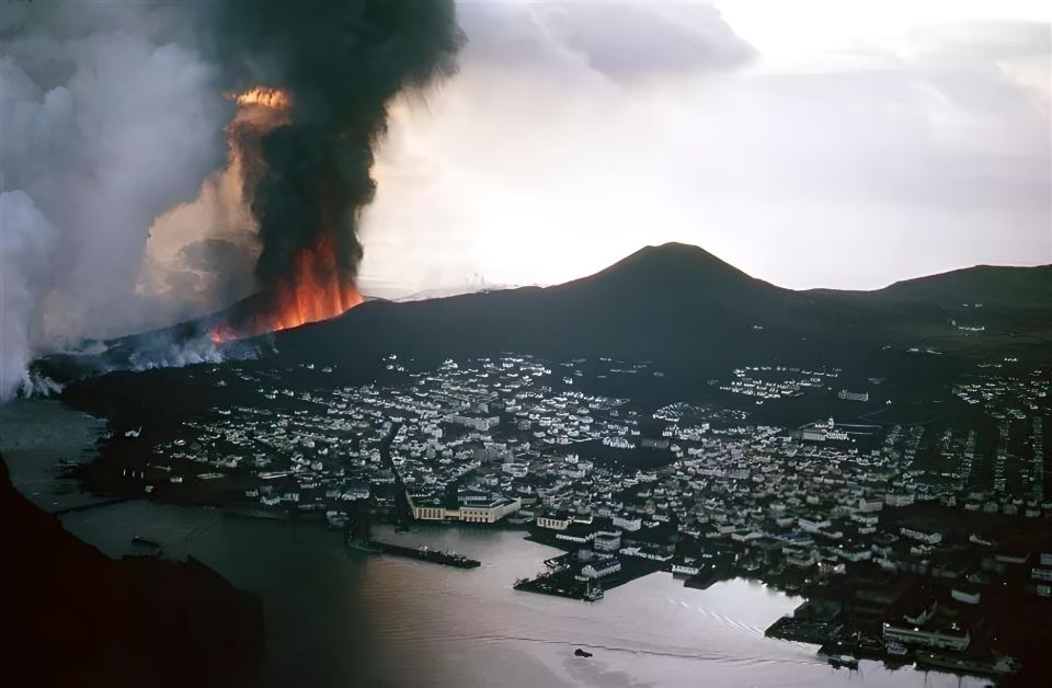 Eldfell volcano last erupted in 1973 in Heimaey, Westman Islands, Vestmannaeyjar.