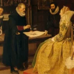 William Gilbert demonstrating the magnet in the presence of Elizabeth I 1598. Artist Ernest Board