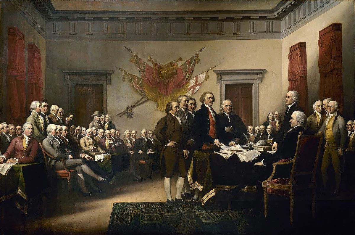 Franklin is positioned on the right as the five-member committee reads the draft Declaration of Independence.