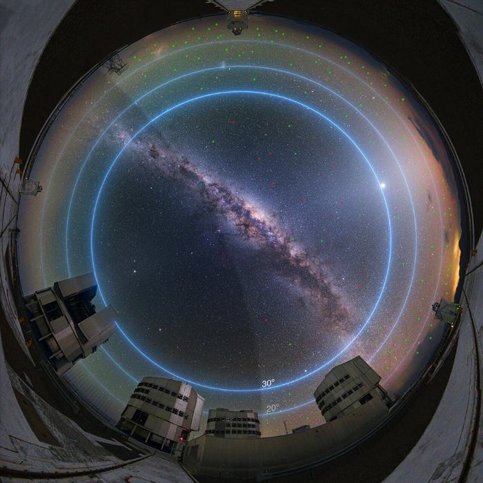 Around 90 minutes before dawn, the night sky above the European Southern Observatory's (ESO) Very Large Telescope in Chile. Future constellation satellites that might be observable as interfering objects in astronomical observations are indicated by the green dots. © ESO/ Y. Beletsky, L. Calçada