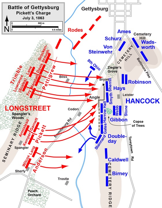 Map of Pickett's Charge, July 3, 1863 Red: Confederate Blue: Union