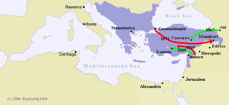 Byzantine territory (purple), Byzantine attacks (red) and Seljuk attacks (green).