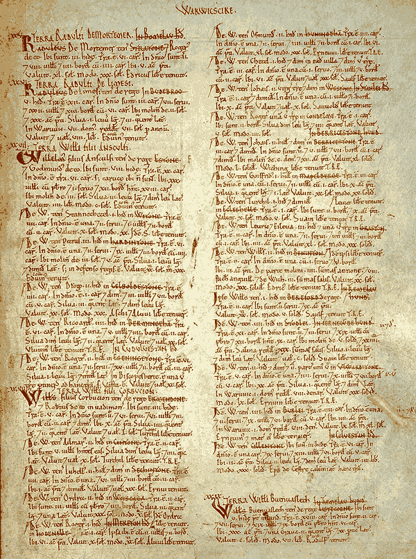 A page from the Domesday Book for Warwickshire.