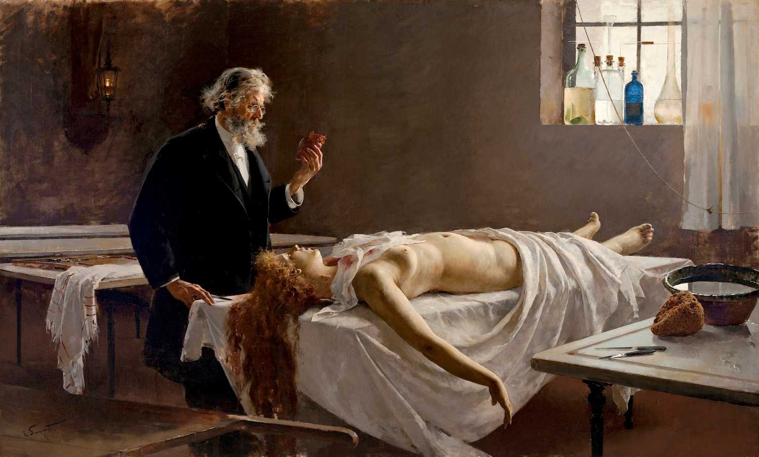 The work depicts a doctor, who is conducting an autopsy, looking at the heart of a young woman.