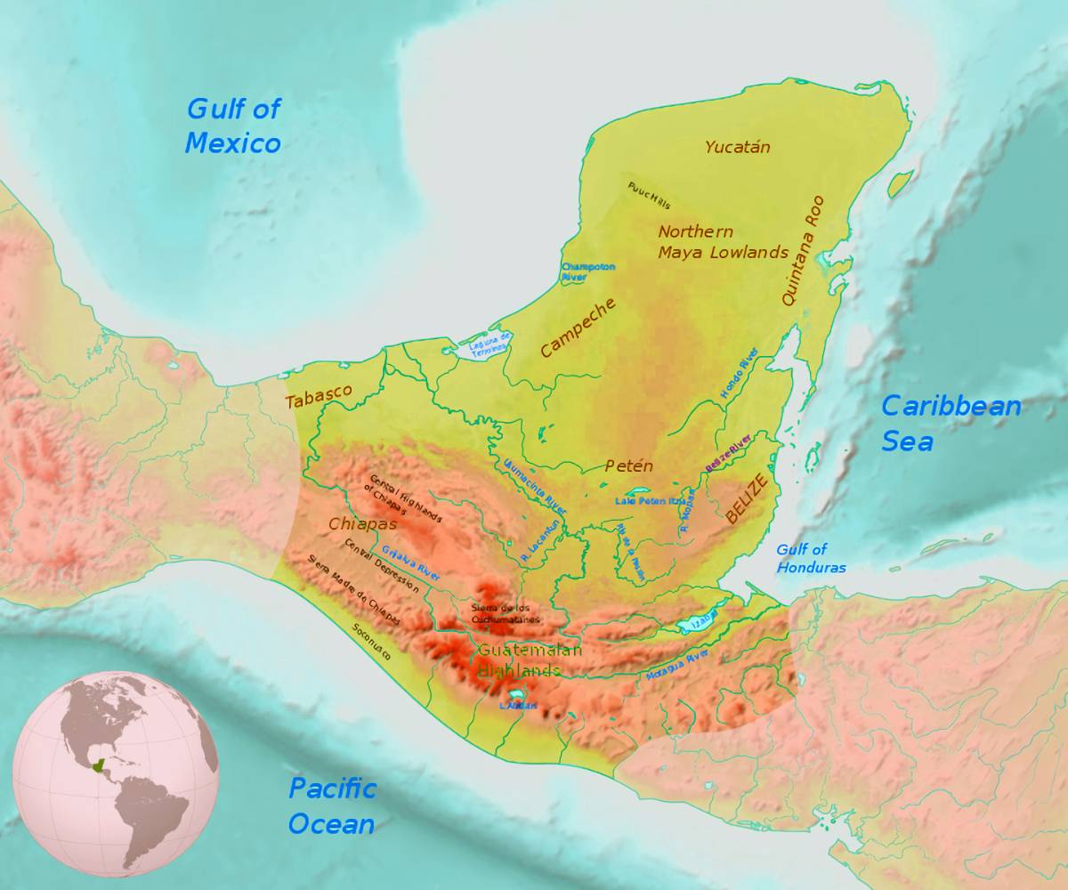 Map of the Maya region, with main rivers, mountain ranges and regions.