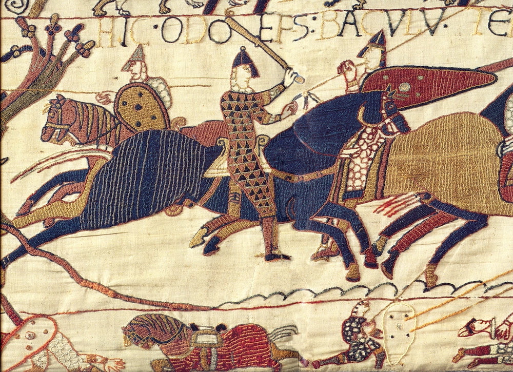 The Battle of Hastings, 1066, as seen on the Bayeux Tapestry, with Bishop Odo rousing Duke William's forces.