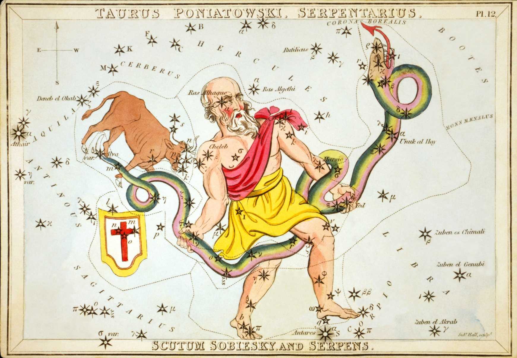 Ophiuchusurania-Ophiuchus as depicted in Urania’s Mirror, a constellation card published in London c. 1825. A