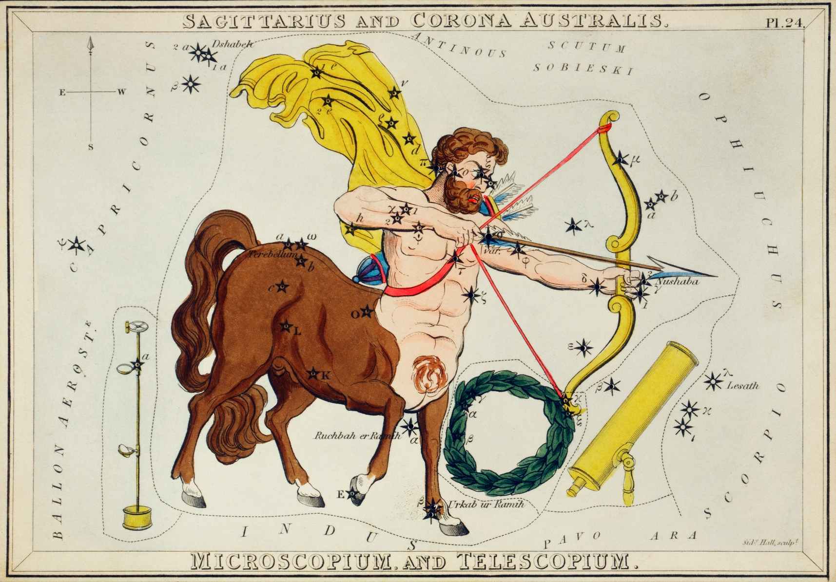 Sidney Hall’s (1831) astronomical chart illustration of Sagittarius and Corona Australis, Microscopium and Telescopium..